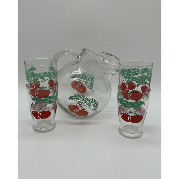 Vintage Tomato Tilted Glass Juice Pitcher Ice Lip 4 4 Oz Juice Glasses Read - Picture 1 of 8